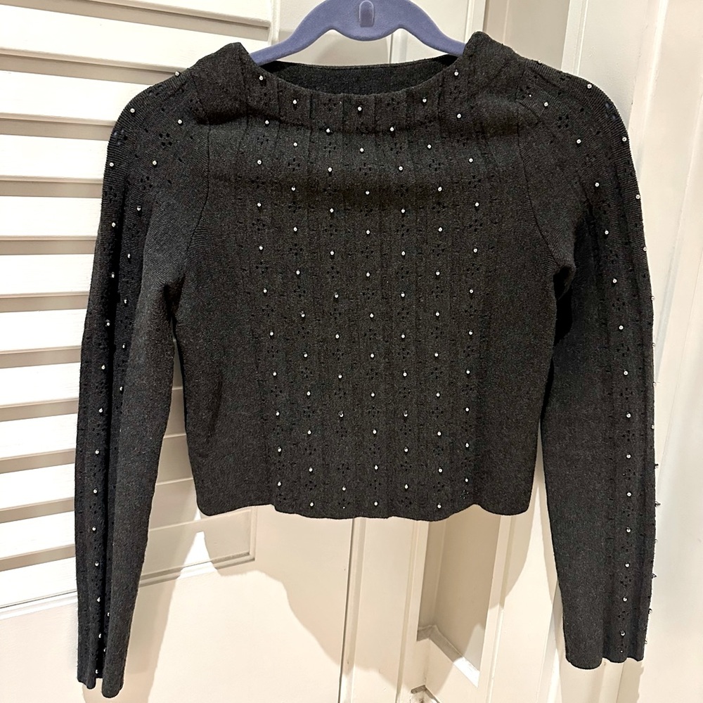 Sandro Paris Cropped Pointelle Beaded Knit Sweater